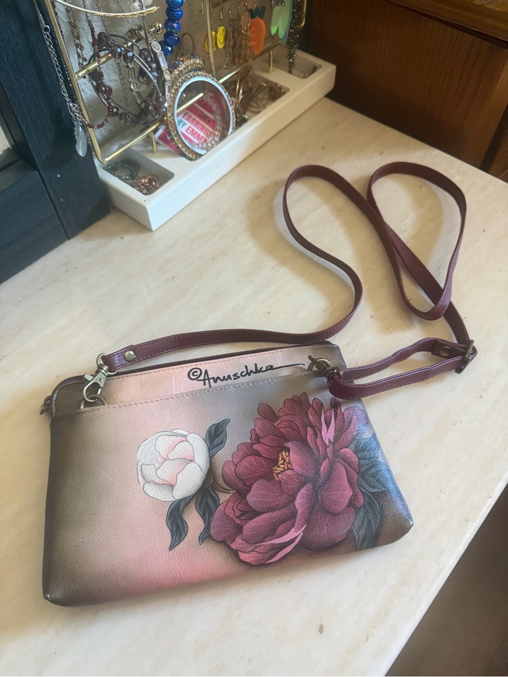 Anuschka Hand-Painted Floral Crossbody in Burgundy, Pink and Cream - Picture 2 of 9